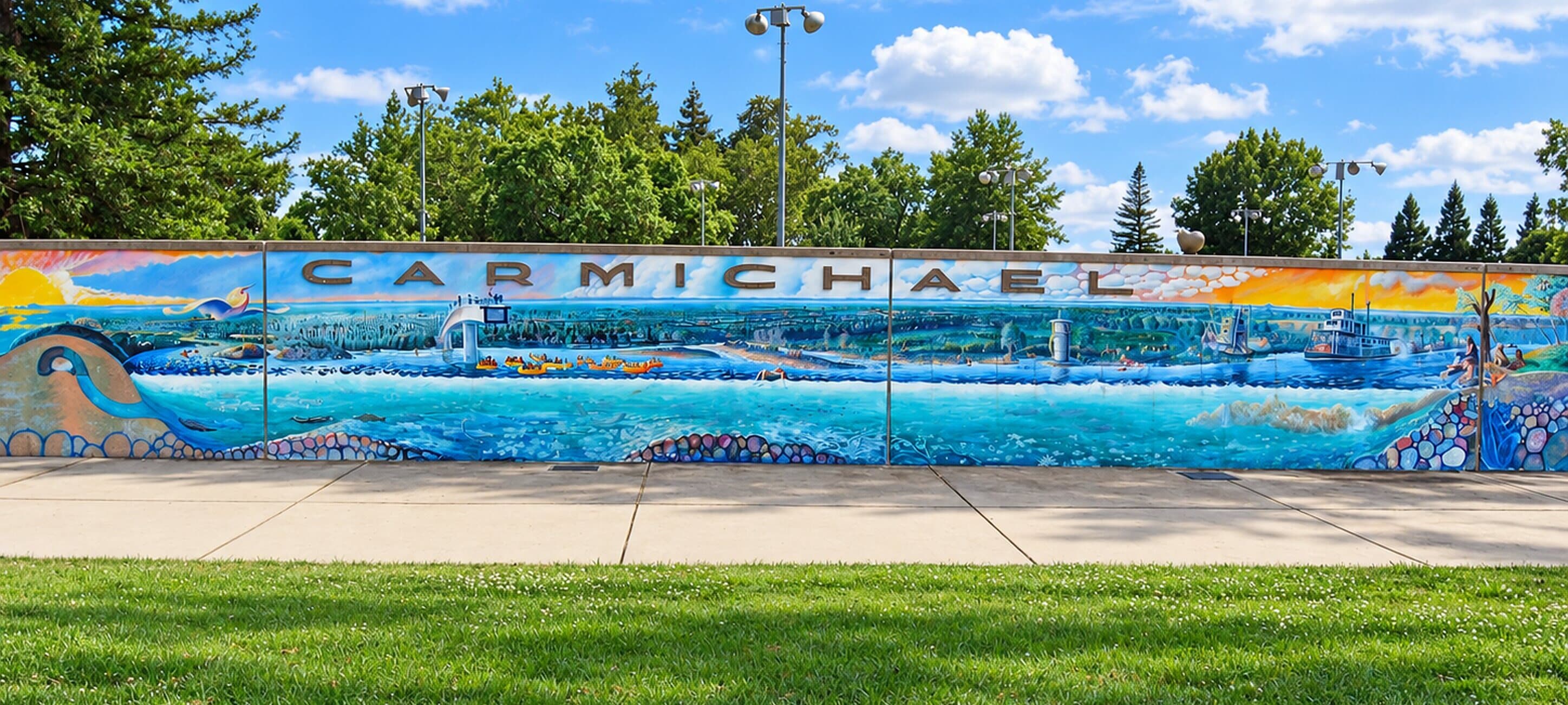 The Carmichael mural wall in Carmichael Park on a sunny day