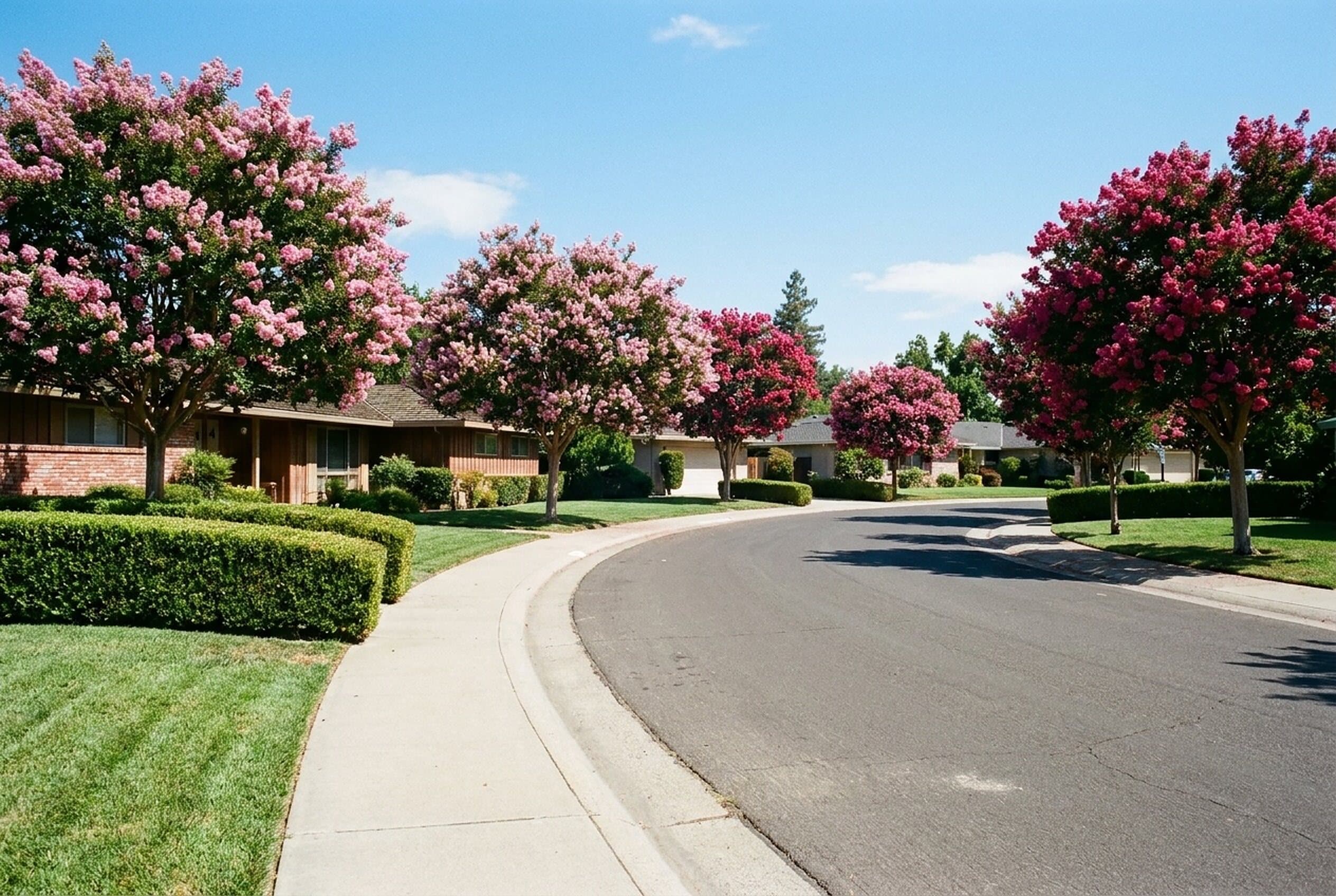 A curving residential street lined with blooming crape myrtles