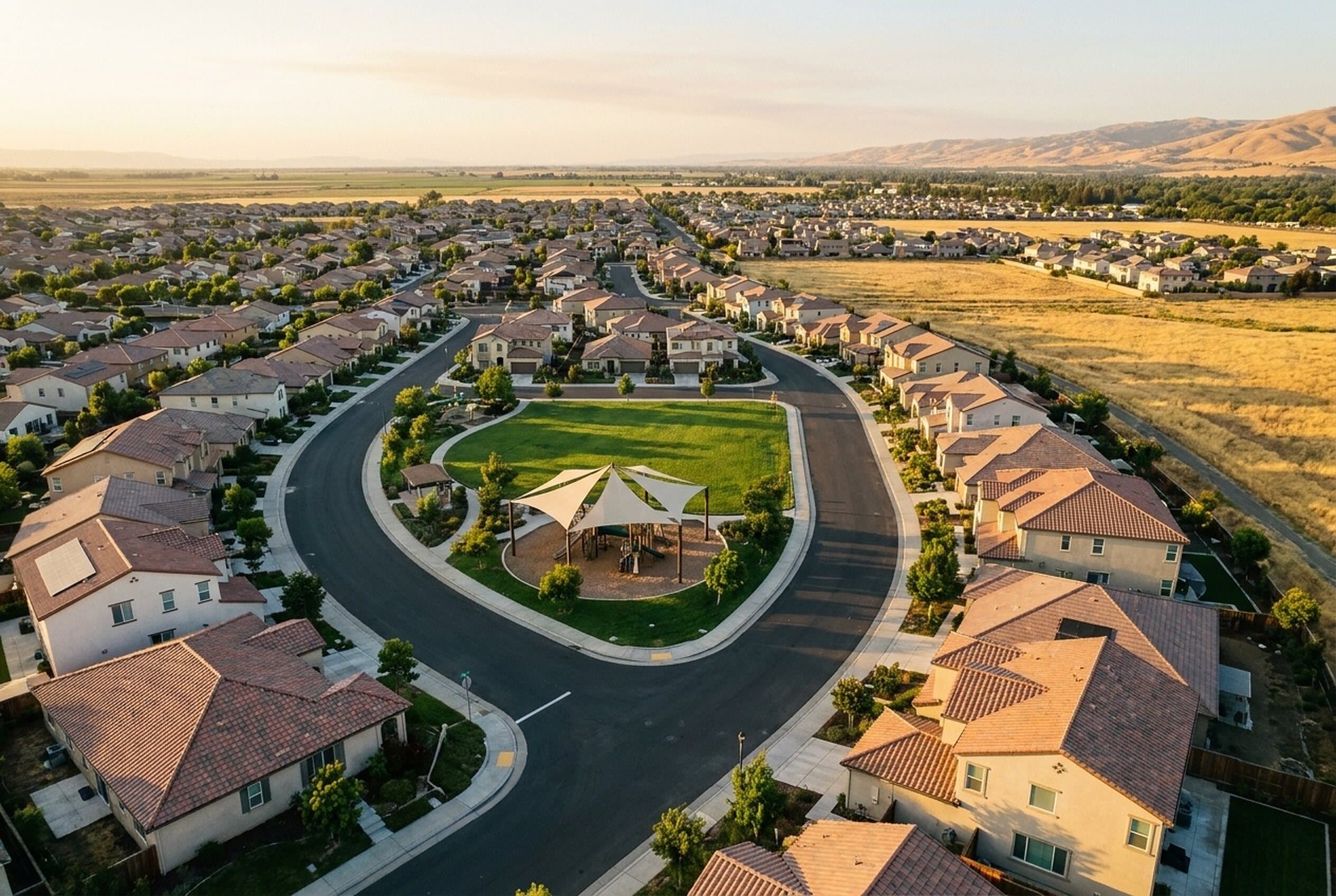 An aerial view of a Rancho Cordova neighborhood around a small park
