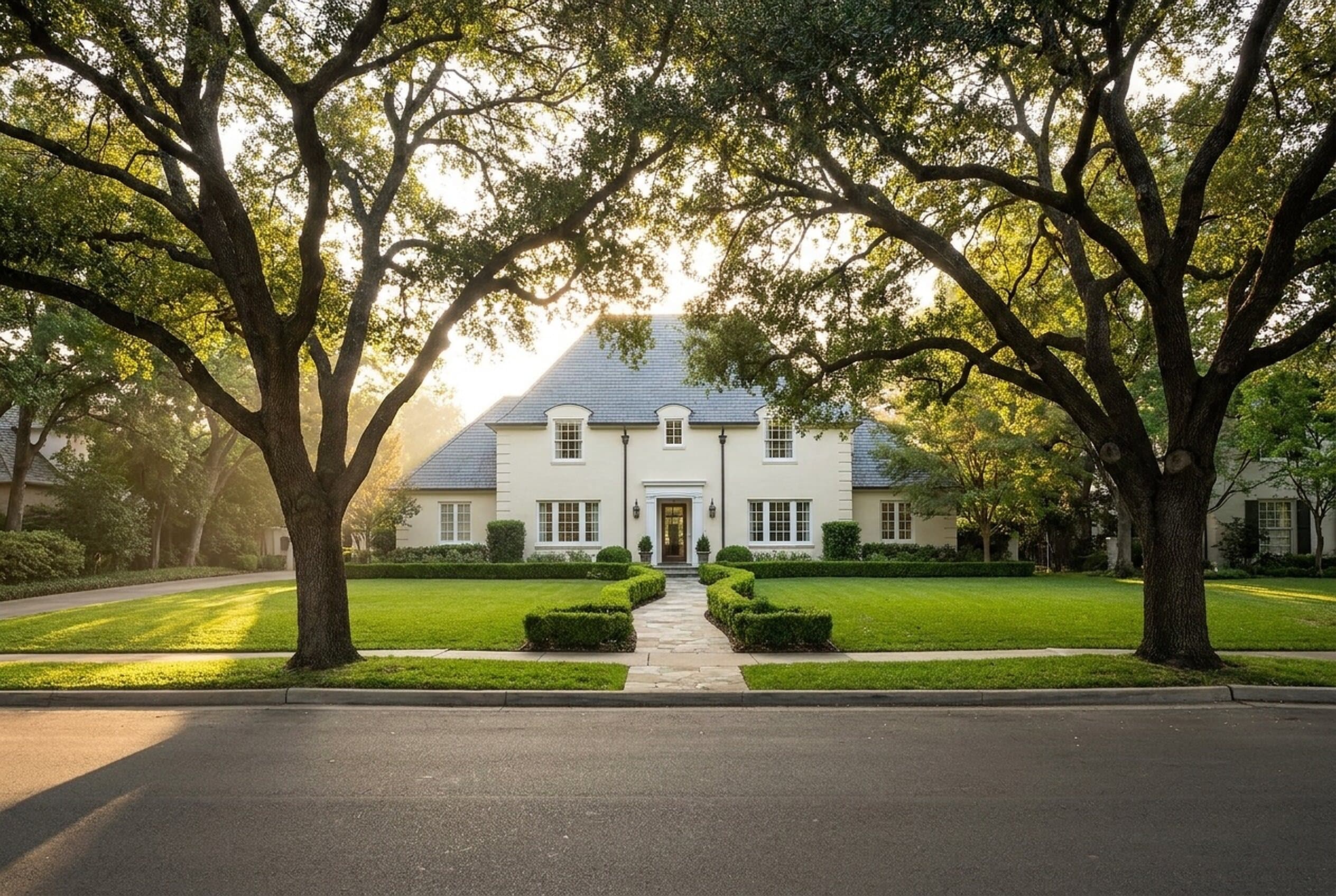 A traditional two-story home behind mature oak trees