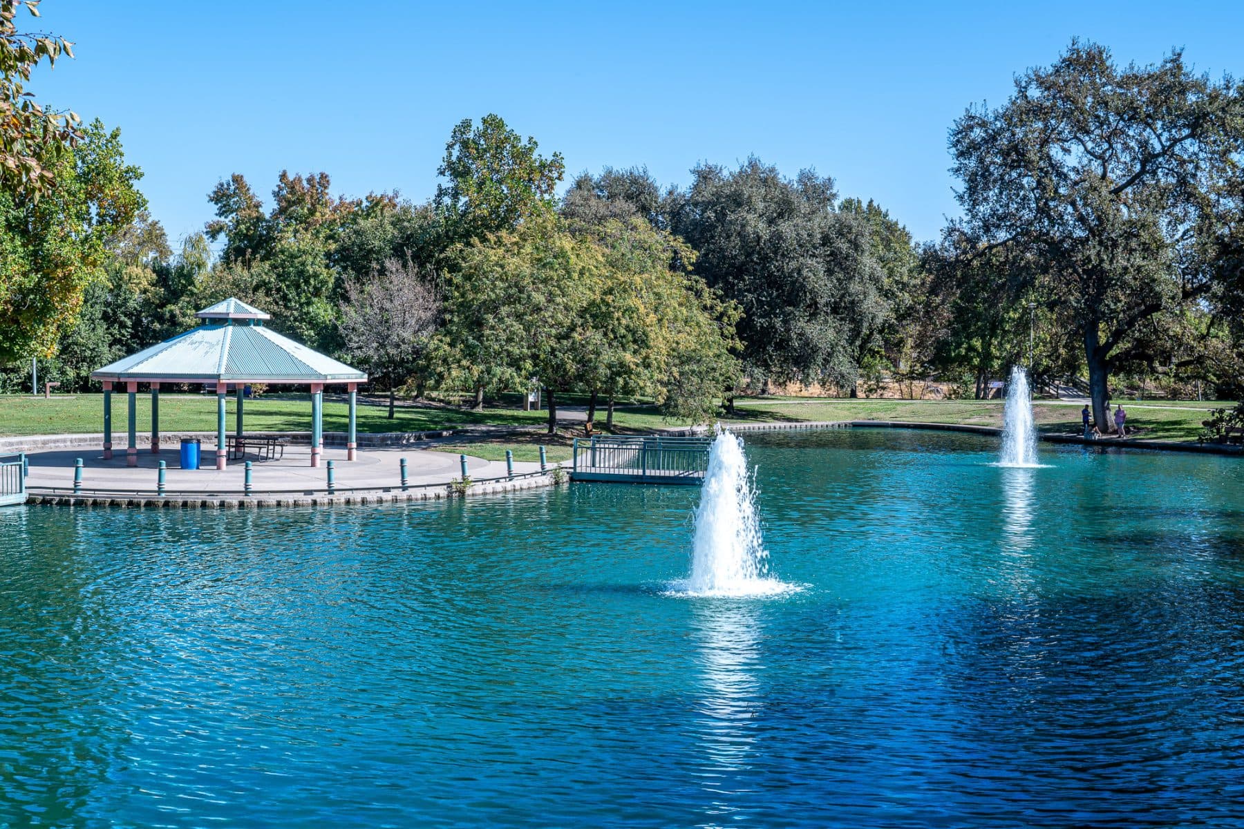 Fountains in the pond at Howe Community Park in Arden-Arcade