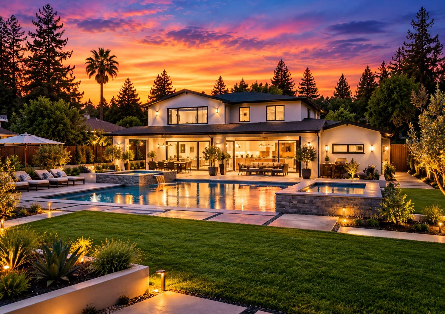 A modern two-story home with a lit pool and garden at dusk